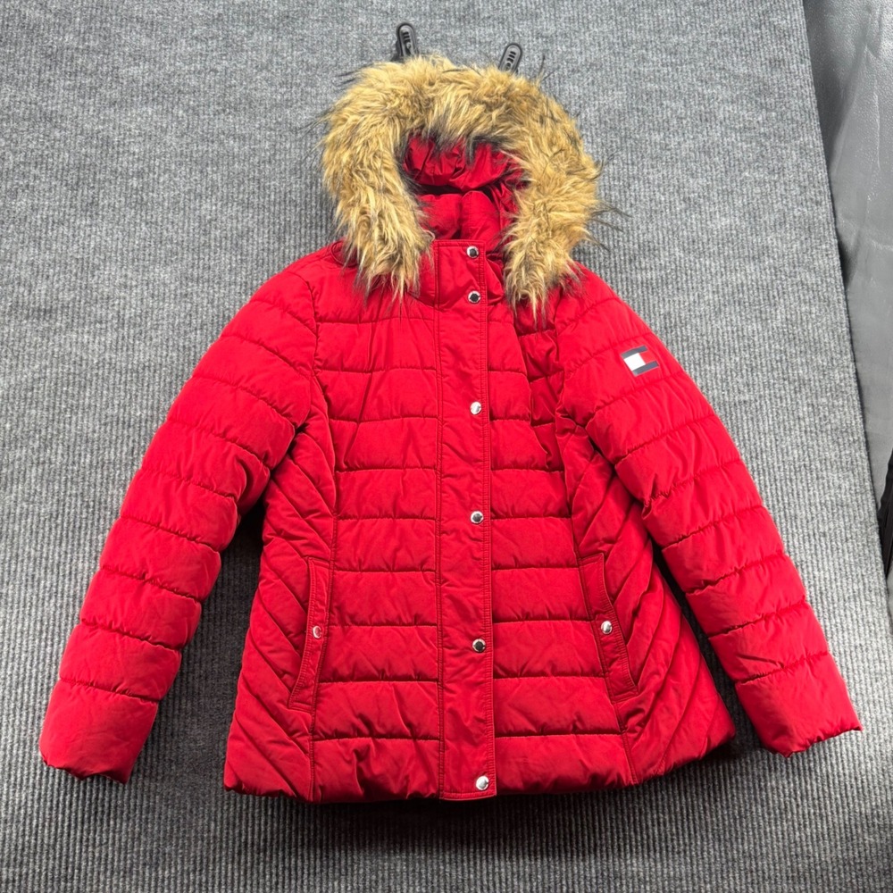 Tommy Hilfiger Puffer Jacket Women Large Red Excellent Faux Fur Trim Hood
